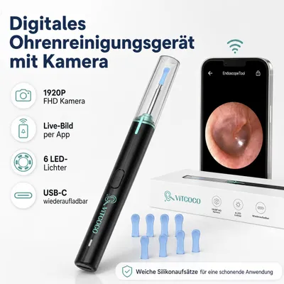 Produktbild von Digitales Ohrenreinigungsgerät mit Kamera & LED-Licht – WLAN Ohrreiniger mit App, Silikonaufsätzen, 1920P FHD Kamera, Type-C Ladung & Zubehör