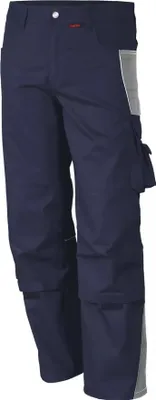 A pair of navy blue work pants with gray accents.