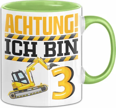 Produktbild von 3. Geburtstag Geschenk Tasse Becher Jungs Baustelle Geburtstagsgeschenk Achtung Ich Bin 3 (Grün)