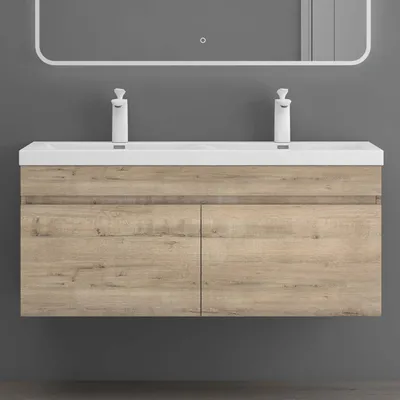 Produktbild von doporro Badmöbel-Set Eiche Greige Waschbecken-Unterschrank Badezimmerschrank Mineralguss Waschplatz 120x48x55cm inkl. Waschbecken Wandmontage Botanica