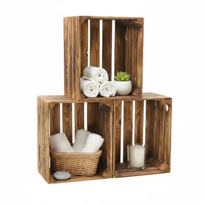 Image de Caisse en bois raboté et flammé 50 x 40 x 30 cm - Caisse à fruits avec fond