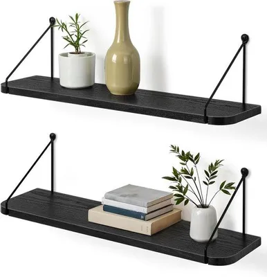 Image de Support mural noir - design moderne - 1 pièce - bois et métal - 60 cm
