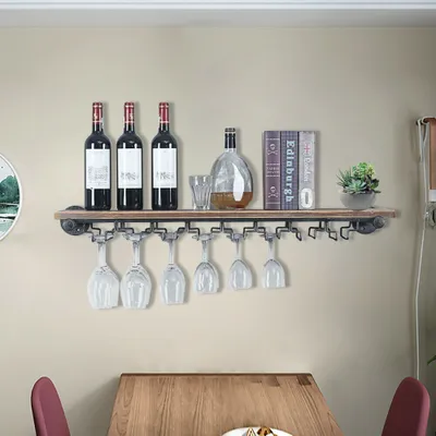 Obrázek produktu pro Moderní dřevěný nástěnný regál na víno Industrial Shelf Bottle Holder Storage Iron Display 92x25cm
