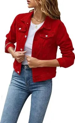 Produktbild von ASKSA Damen Jeansjacke Leichte Kurze Jacke Denim Jean Outwear Casual Lange Mantel, Rot, L