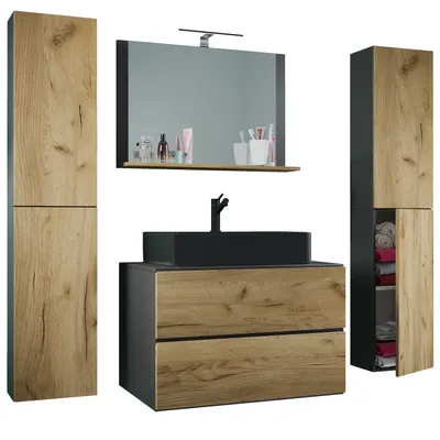 Immagine prodotto di 5 parti lavabo lavabo | lavabo nero larghezza 60 cm | set mobili bagno con cassetti porta girevole specchio | Lendas S BL