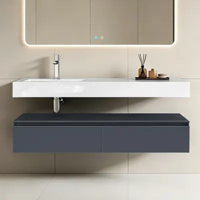 Image de doporro Meuble de Salle de Bain Gris Noir Mat Ensemble de 2 Pièces Meuble avec Lavabo 150cm Design Up avec 2 Grands Tiroirs