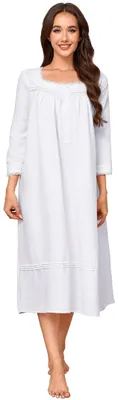 Imagen del producto de Camisón de algodón para mujer, manga larga, encaje, cuello cuadrado