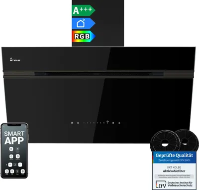 Produktbild von KKT KOLBE A+++ Dunstabzugshaube 90 cm 782 cbm/h Umluft Abluft Kopffrei Wandhaube | Schwarz | Glas | Nachlaufautomatik | Smart WiFi App WLAN | SensorTouch | RGBW LED-Beleuchtung | AURORA9005FB