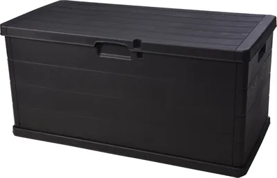 A black outdoor storage box is shown from a front-side angle against a white background.