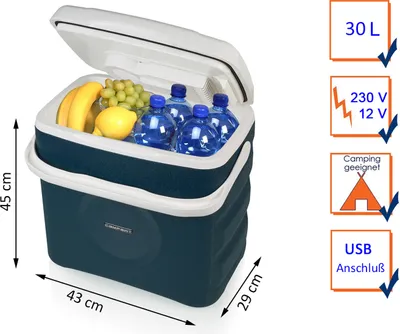 A portable cooler box filled with fruit and water bottles, with dimensions and feature icons displayed on the side.
