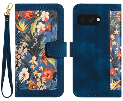 Produktbild von Für Google Pixel 9a Kunstleder Wallet Handy Tasche Blumen Design Hülle Etuis Dunkelblau
