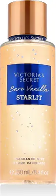 A close-up studio shot of a Victoria's Secret Bare Vanilla Starlit body spray bottle.