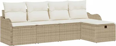 Immagine prodotto di Set da giardino composto da 5 pezzi, divano da 4 posti, colore beige e crema, realizzato in rattan sintetico