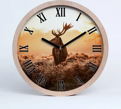 Produktbild von Holzuhr 30fi cm wanduhr - schwarze Spitzen - Hirsch Sonnenaufgang
