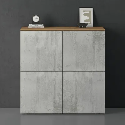 Immagine prodotto di doporro Mobile Organizzatore Credenza Buffet in Legno con 4 Ante Push-to-Open e Soft-Close per Soggiorno, Sala da Pranzo o Ingresso, 100x36,4x100 cm Marrone chiaro e Calcestruzzo Schrank04