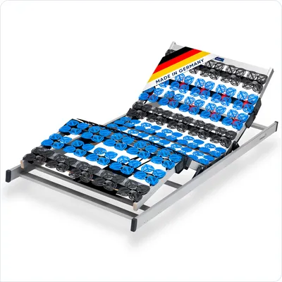 A motor-driven adjustable bed frame with a German flag and text indicating it is made in Germany.
