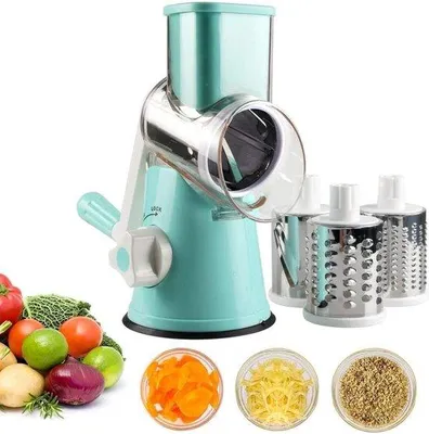Produktbild von Unyqoos® Gemüseschneider – kurbelbetriebene Gemüsemühle mit 3 Einsätzen aus Edelstahl, lebensmittelecht, zum Schneiden, Hobeln, Raspeln & Julienne, mit Saugnapf