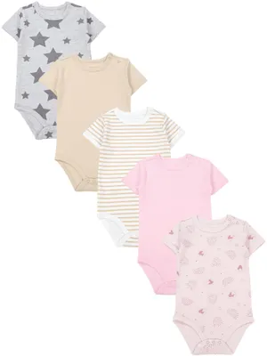 Produktbild von TupTam Baby Body Mädchen 5er Pack – Kurzarm Body Baby aus Baumwolle, Ideal für Sommer und Alltag, Farbe: Sterne_Pink_Streifen_Regenbogen, Größe: 92