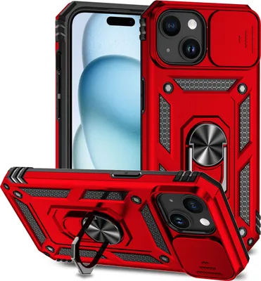 Produktbild von iPhone 15 Hülle mit Schiebe Kamera Schutz und Ringhalter Ständer Robust Rüstung Schutzhülle für iPhone 15 Rot