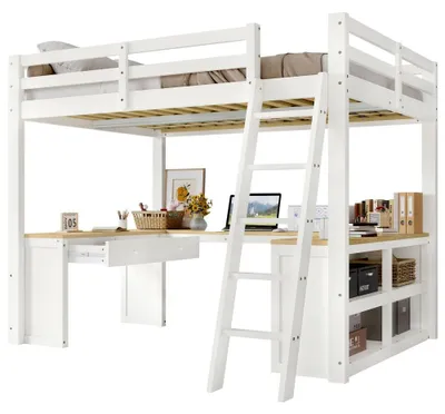 Zdjęcie produktu dla Łóżko piętrowe dla dzieci z biurkiem - wymiary 140 x 200 cm - biurko w kształcie litery "U" - 2 szuflady - półka - stelaż łóżka - drewno lite/MDF - biały/naturalny