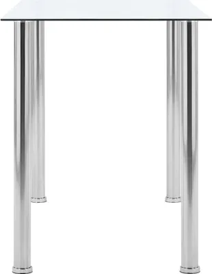 A table with a glass top and four metal legs, presented against a white background.