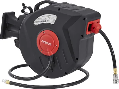 Produktbild von AREBOS Druckluftschlauch Aufroller | Wandhalterung | 1/4 Zoll Schnellkupplung | UV-beständig | 180° Schwenkbar | inkl. Montagehalter | 10 m
