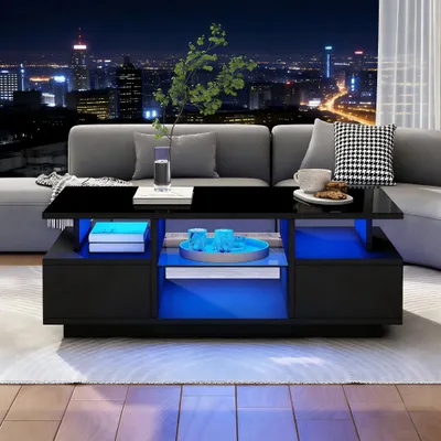 Zdjęcie produktu dla Stolik kawowy 100 x 50 cm, oświetlenie LED, 2 szuflady, wykończenie na wysoki połysk, czarny, 100 x 50 x 36 cm