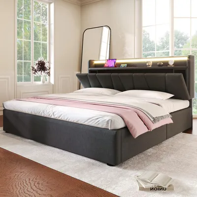 Image de OKWISH Lit Coffre 140x200 cm - Lit Double avec Ports USB et Prises - Sans Matelas - Bois et Métal - Gris