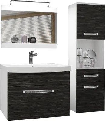 Produktbild von BELINI Badmöbel Vollausstattung Set Waschbeckenschrank, Hochschrank, Waschbecken, Spiegel, Lampe (Königliches Ebenholz, Matt)