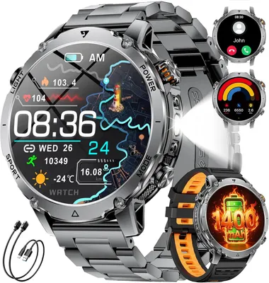 Produktbild von 1400mAh Akku Smartwatch Herren, 1.7 HD Militär Smart Watch mit Telefonfunktion, 110+ Sportmodi, IP68 Fitnessuhr, Herzfrequenz/Schlafmonitor, LED Taschenlampe, Sportuhr für Android iOS, Grau Schwarz