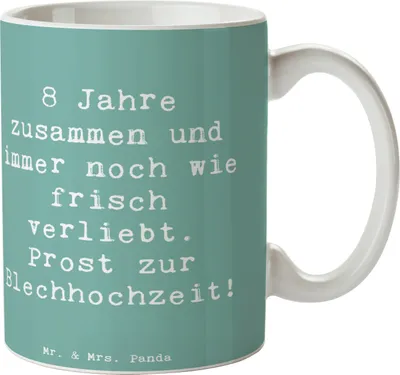 Produktbild von Mr. & Mrs. Panda Kaffeebecher Spruch 8. Hochzeitstag Blechhochzeit - Meeresbrise - Geschenk, Bürotasse, schöne tasse, Kaffeetasse, Jubiläum, milchkaffeetasse, Geschenke