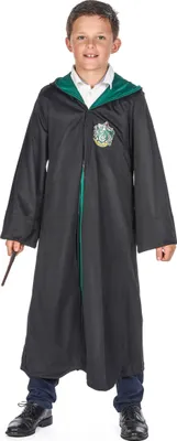 A young boy is posing for a product photo, wearing a Slytherin costume.