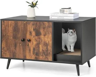 Immagine prodotto di Armadio per lettiera per gatti, 2 in 1: tavolino laterale e cuccia per gatti. Mobiletto per lettiera con tiragraffi, 2 ante e ingresso. Arredamento per gatti, cani e altri animali domestici, dimensioni 90x50x54 cm (stile vintage)