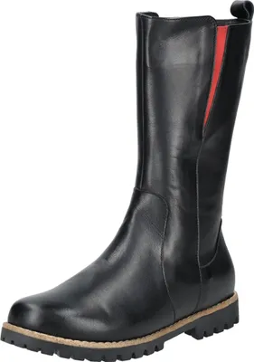 A black leather boot with a red lining is shown against a white background.