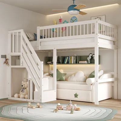 A white bunk bed with stairs and storage in a child's room.