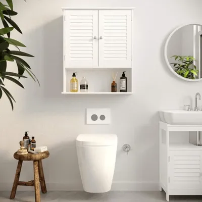 Immagine prodotto di VASAGLE mobile da bagno, pensile, armadietto per medicinali con ripiano regolabile, ante a ribalta e vano a giorno, 20 x 60 x 70 cm, bianco