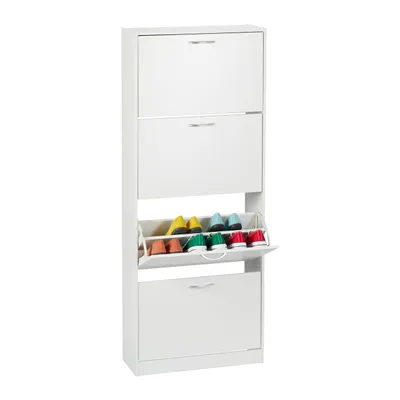 Produktbild von Relaxdays Schuhschrank, HxBxT: 152 x 60 x 24 cm, für 24 Paar, 4 Klappen, schmaler Schuhkipper, Flur Schuhkommode, weiß