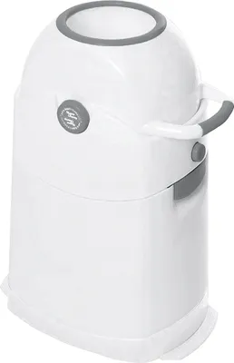 A white diaper pail with gray accents, shown from a front-side angle against a white background.