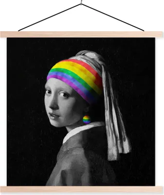 Produktbild von MuchoWow® Textilposter Das Mädchen mit dem Perlenohrring - Vermeer - Regenbogen 60x60 cm mit holzfarbenen Rahmen - Wanddekoration