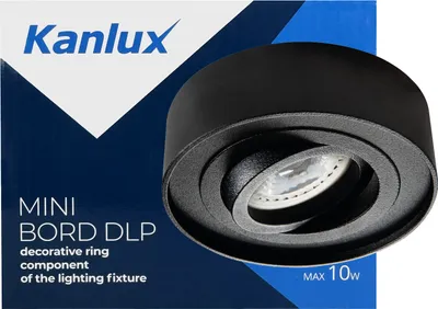 The image shows the packaging of a Kanlux MINI BORD DLP lighting fixture component.