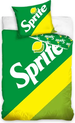 A Sprite-branded duvet cover and pillowcase set.