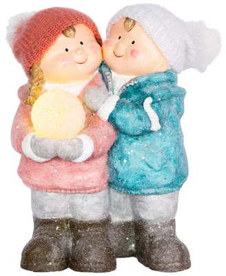 Productafbeelding van MagicHome Kerstfiguur, Jongen en meisje met sneeuwbol, 1 LED-lamp, keramiek, 27,5x23x40 cm
