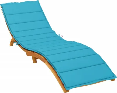 A turquoise chaise lounge cushion on a wooden frame, isolated on a white background.