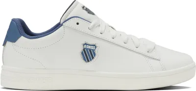 A white K-Swiss sneaker with blue accents.