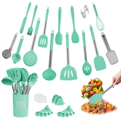 Produktbild von 45 Stück Küchenhelfer Set aus Silikon, Spülmaschinenfest, Kochutensilien Set mit Utensilienhalter, Antihaft Hitzebeständiger Küchenset (Turquoise)