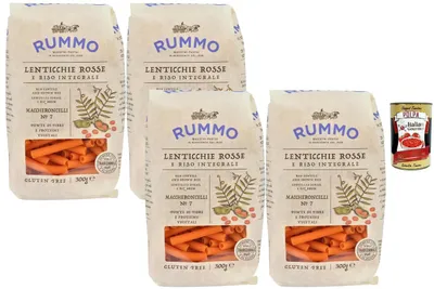 Produktbild von Rummo Italian Gourmet Bundle 4x Rummo Maccheroncelli N°7 aus Roten Linsen & Vollkornreis 300g + Italian Gourmet Polpa – Glutenfreie Protein Pasta – High Protein Hülsenfrucht Pasta – Vegane Pasta Alternative