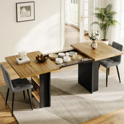 Produktbild von Esstisch Teleskoptisch, Tisch mit Regalen, Küchentisch, Ausziehtisch, mit Hilfe innenliegender Einlegeplatten auf 120-160cm ausziehbar, für Küche