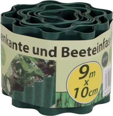 A roll of green garden edging on a white background.