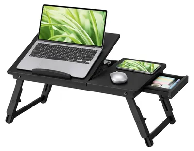 Immagine prodotto di Tavolino pieghevole Relaxdays per laptop, da usare a letto o sul divano, in bambù, con altezza regolabile, colore nero, Immagine generata dall'IA