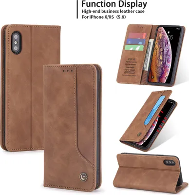 Produktbild von iPhone X / XS Hülle, LaimTop Retro Kunstledertasche Schutzhülle mit Kartenfach Standfunktion für iPhone X / iPhone XS Braun